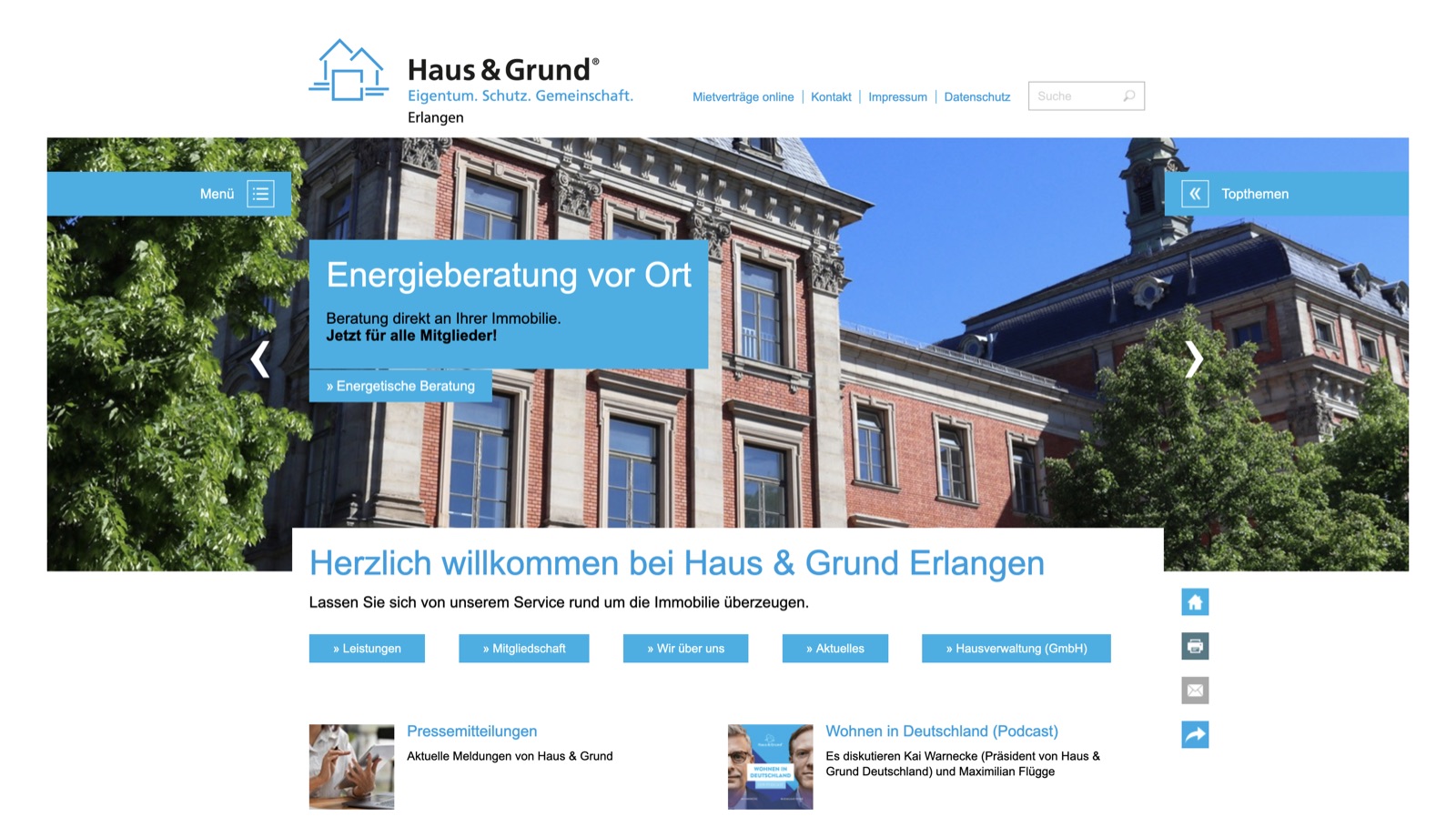 Webseitenansicht Haus & Grund Erlangen e.V.