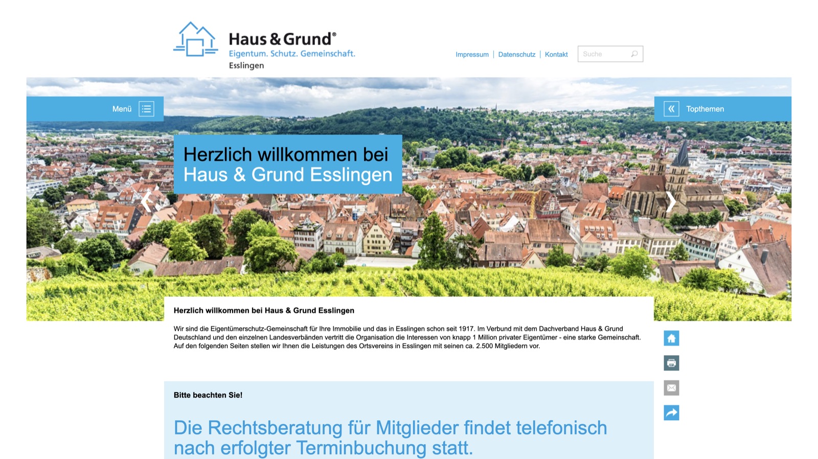 Webseitenansicht Haus & Grund Esslingen e.V.