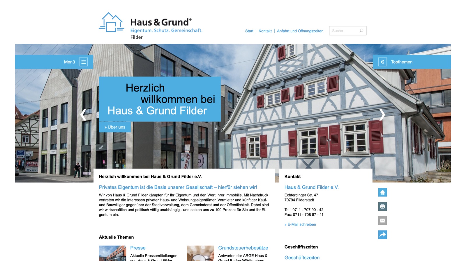 Webseitenansicht Haus & Grund Filder e.V.